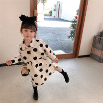  Girls Polka dot tooling dress 2021 spring Korean version of the female baby long-sleeved polo collar medium-length shirt skirt Western style