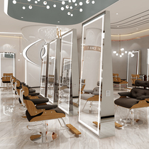 Net Red Barber shop mirror table floor-standing hair salon dedicated single-sided hair mirror table stainless steel with lamp hanging wall mirror
