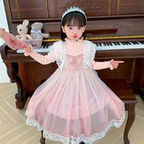 Halloween girl 2021 autumn new ice snow long sleeve Princess mesh dress children cute pink bow dress