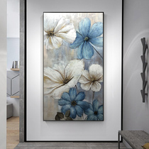 Pure hand-painted oil painting New Chinese modern light luxury flower decoration painting Living room entrance vertical mural duplex floor hanging painting