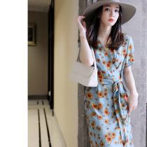  ROUJE POWER French Hepburn style casual sunflower cross-neck thin mid-length acetate silk dress