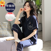 Short-sleeved cropped pajamas with chest pads womens summer pure cotton 2022 new large size can be worn outside the home clothes suit