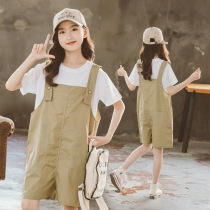 Girls  summer suit 2021 new Western style big childrens summer Korean childrens bib little girl two-piece set