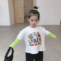 Neutral Baby Contrast Fake Two Long Sleeve Sweater Men and Women Cartoon Print Wide Sleeve T-Shirt Top 017