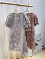Pregnancy color 21 summer new fresh small plaid round neck bubble sleeve cotton pregnant women A dress dress