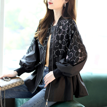Baoshi Li embroidered drawstring waist top autumn loose age womens 2021 sequin lace stitching jacket long sleeve