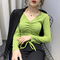 Foreign air sweatshirt 2020 spring fit new ladies fashion drawing rope V collar collection waist blouses woman 100 lap long sleeve t-shirt