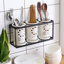 Ceramic chopsticks tube double tube tableware chopsticks storage chopsticks box cage with drain box household three tube hanging wall hanging wall