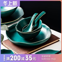 European vintage green ceramic gilt tableware rice bowl Soup Bowl Spoon dish plate fish plate irregular shaped bowl plate