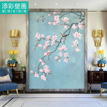Porch corridor aisle background wallpaper Wall cloth modern new Chinese magnolia flowers and birds picture wallpaper vertical frame elegant room orchid