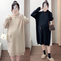 Pregnant womens sweater womens mid-autumn winter dress pregnancy maternity dress 2022 new one-piece dress Winter hitch bottom-shirt thickened