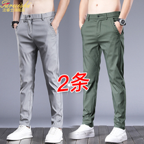 Spring Ice Silk casual long pants mens trousers slim feet thin summer straight ins Korean trend Wild