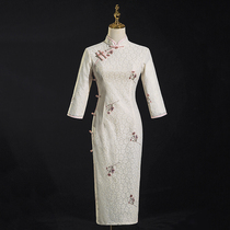 Long sleeve plain elegant cheongsam women 2021 new improved retro temperament Republic of China dress slim slim long