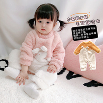 Korean version of childrens clothing men and women baby hair plush bear cute conjoined Harper baby coral velvet climbing suit pajamas