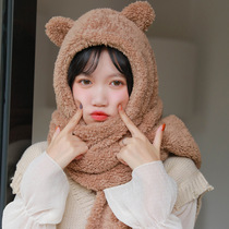 Autumn and winter Korean version of sweet and cute thickened warm bib plush imitation lamb velvet bear ears scarf hat lady