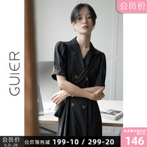 GUIER double-row buttoned suit collar dress 2022 new summer Hepburn Black mid-dress children