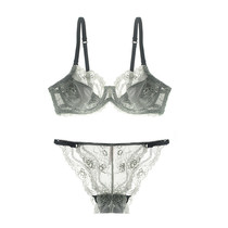 Sexy all-through lace bra set Summer thin section no sponge underwear Womens big chest show small ultra-thin transparent bra