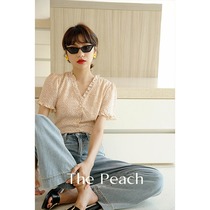 MICHELLLYMO French style crushed flower blouses woman short retro V collar lace short sleeve shirt