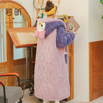 Coral velvet pajamas womens autumn and winter long thick three-layer cotton dressing gown sweet and lovely flannel home wear