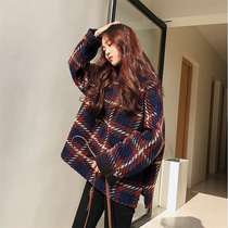 Coat female Korean version loose student retro plaid thin half high collar pullover sweater autumn large size wool coat