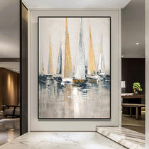 Hand painted oil painting Jan sails Xuan Guanguan gangway decoration painting modern minimalist American gold leaf Living room background wall hanging painting
