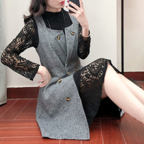 Large size womens autumn new fashion Foreign suit fat sister lace dress vest jacket two-piece set