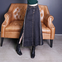 2020 Spring Autumn New European Station Womens Clothing High Waist Display Slim Medium Long Harbor Wind Open Fork Hair Side Tide Cowboy Half Body Dress