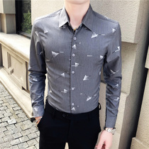 Mens shirt lined with long sleeves Han version Body Trends Casual Handsome SPRING AUTUMN SENIOR SENSATION YOUTH ELASTIC PRINT INCH