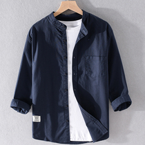 Japanese mens seven-point sleeve middle sleeve shirt mens cotton trend stand collar casual shirt summer handsome clothes