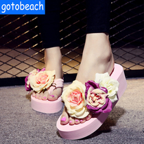  Summer fashion clip-foot wedge heel drag women non-slip high-heeled flower flip-flops thick-bottomed holiday beach slippers