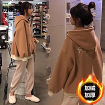 Plus velvet padded sweater womens autumn and winter Korean loose student suit top slim Haren pants casual two-piece set