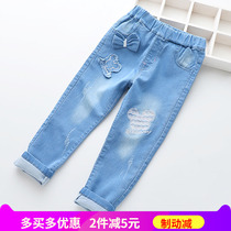 Muer family Korean girl cotton soft jeans children Mickey bow slim long pants spring dress New