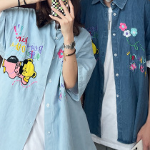 Seven4lee Cute Little Bear Embroidery Denim Shirt Male And Female Lovers Loose 100 Hitch Blouse Casual Jacket Tide