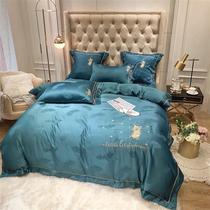 (Q BB) European embroidery cotton four-piece set 100 cotton silk quilt cover sheets bed hats 1 8m pink