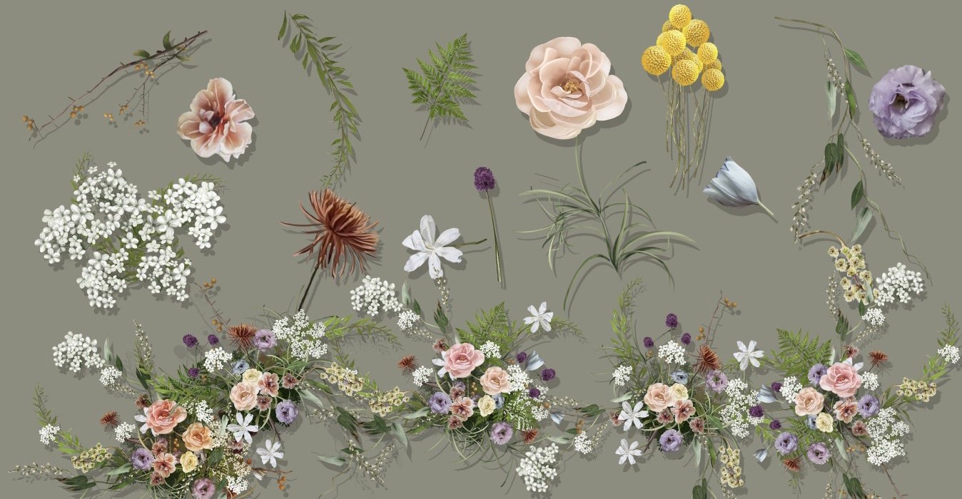 Wedding renderings small fresh floral avocado color yellow pink green white purple psd layered