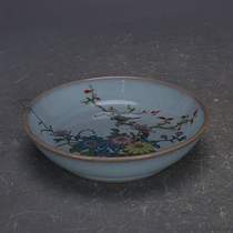 Song Dynasty Ru kiln sky green glaze plus color flower and bird pattern saucer old imitation unearthed ancient porcelain antique collection ornaments