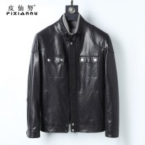 New leather leather mens motorcycle leather jacket short small stand-up collar vegetable tanned sheepskin handsome jacket thin trendy