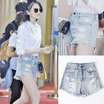 2021 summer new Korean version of high waist burr hole denim shorts women loose thin light color wide leg hot pants tide