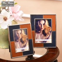 Home model room leather photo frame gold edge silver edge stitching leather corner several bedside table study photo frame setting