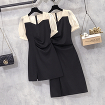High-end size womens clothing 2021 summer new fat sister Foreign style thin waist belly cover belly square collar A dress
