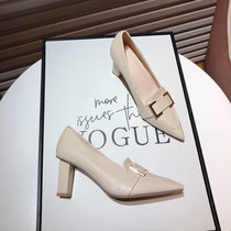 Temperament pointed coarse heel single shoe woman 2022 new spring retro Inn wind high heel small leather shoes 100 hitch a deep shoe