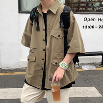 Hong Kong Boomer Overalls Shirt Man Gats Up Code Trend Fatter Loose Korean version Short sleeves Shirt Half Sleeves Jacket