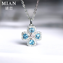 Mystery Nature 4A Sea Blue Treasure Pendant Female Pure Body Four Leaves Grass Necklace Lock Bone Chain Send Girlfriend Birthday Present