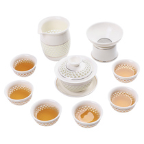 Green flower porcelain lingo tea set suit Home Cellular Engraved ancient cover Ceramics Utilita Tea Tea Tea Pot Tea Cup Lid Bowl