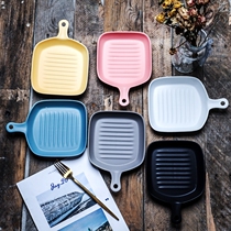 Baked dish ceramic oven with square home creative handle plate single ear baking cheese baked rice with handle