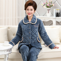 Winter coral velvet cotton pajamas middle-aged ladies winter three-layer thick warm cotton-padded jacket plus size mother set