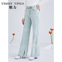 Sugar Force Spring Autumn Season Light Blue Design Sensation Butterfly Knot Loose Straight Drum Jeans Woman High Waist Open Fork Broadleg Long Pants