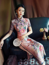 Improved Qipao Pink Printed Young style Summer Old Shanghai retro Long style Elegant Temperament Swarm Dress