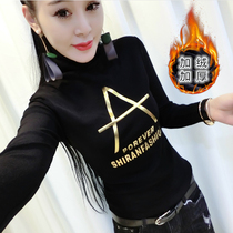 Europe station 2020 new autumn and winter velvet thickened mesh base shirt womens high neck long sleeve t-shirt fashion small shirt tide