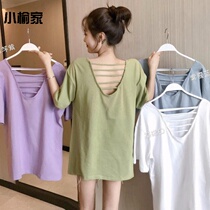 Summer Korean version of sexy hollow backless careful Machine T-shirt female niche design sense loose Matcha green short sleeve top
